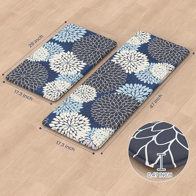KIMODE Anti Fatigue Kitchen Mats 2PCS Kitchen Mat for Floor Cushioned | Dahlia Boho, Kitchen Rugs Non Slip Rubber Backing Farmhouse Waterproof Standing Mat for Kitchen Sink Desk Mutil-Blue