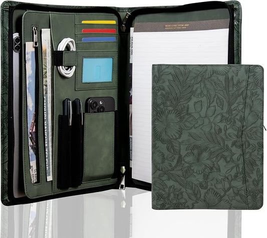 AZXCG Embossed Leather Padfolio for Women, Professional Bussiness Portfolio Organizer with A4 Notepad Holder, Zippered Portfolio Binder Fits 13" Ipad/Tablet,Gift for Women,Valentine's Day