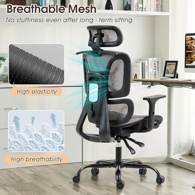 ECOTOUGE Grey Ergonomic High Back Mesh Office Chair | Lumbar Support, Adjustable Headrest, 3D Armrests, Reclining, Home/Office/Gaming, 330LBS