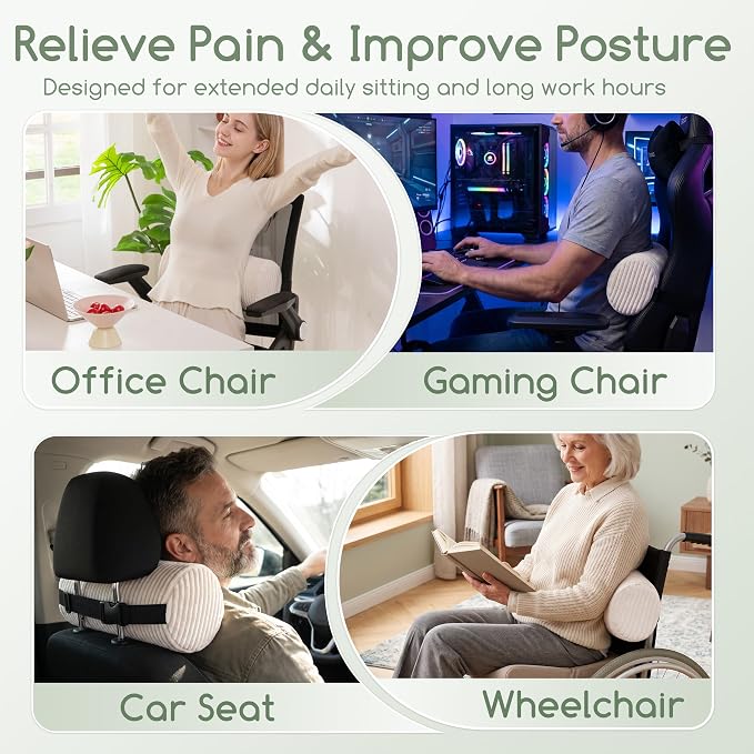 HIGOGOGO Lumbar Roll Lumbar Support Pillow for Office Chairs, Cars, and Gaming Chairs, Back Cushion with Washable Cover & Adjustable Strap to Relieve Back Pain and Improve Posture, 11"x6"x5", Beige