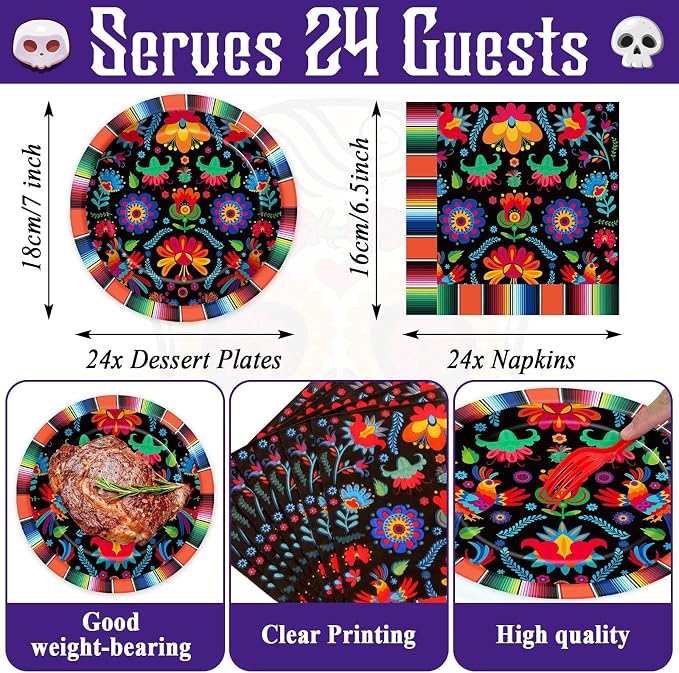 Mexican Fiesta Party Supplies Serves 24 Mexican Party Paper Plates Napkins Mexico Mayo Decorations Datura Flower Serape Tablecloth Set Tableware Kit for Day of The Dead Pinata Taco Ponchos Dance