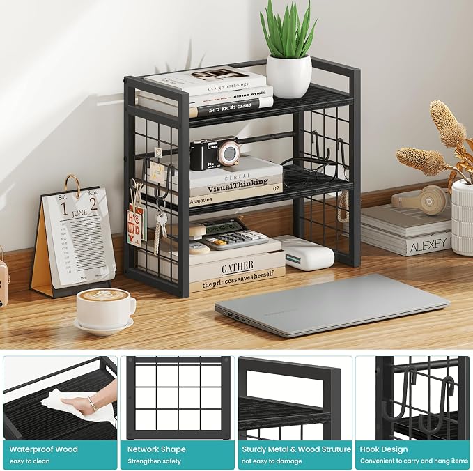 ELITEROO Desk Shelf Organizer, 2 Tier Wooden Desktop Bookshelf, Black | Desktop Shelf Organization, Adjustable Table Storage Rack, Mini Table Top Display Shelf for Home Office