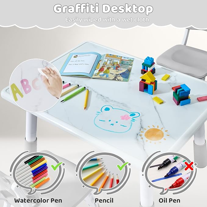 DOREROOM Toddler Table and 4 Chairs Set, Marble Top, No-Screw Legs, Grey | Graffiti Desktop, 31.5"L x 23.6"W, Frameless, Kids Ages 3-8, FSC-certified, Children Activity for Daycare, Classroom, Home
