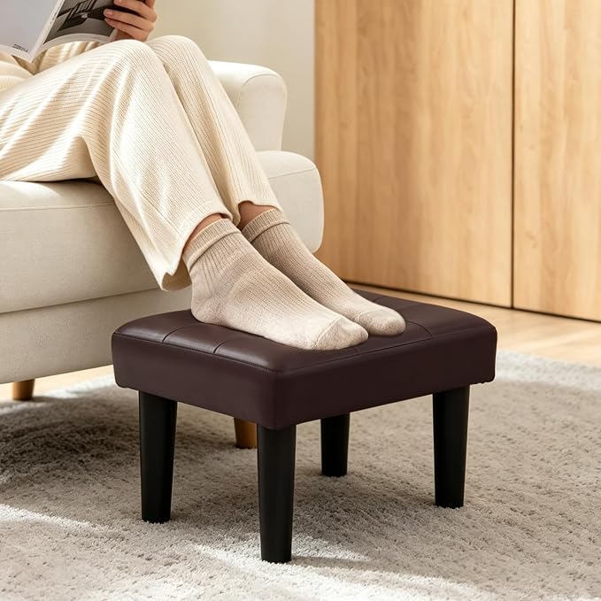 CAROLMADE Footstool Ottoman with Legs, PVC Small Foot Rest Under Desk, Ottoman with Storage for Living Room, Bedroom, Entryway Brown