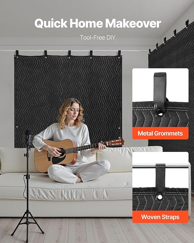 VEVOR Sound Dampening Blankets, Soundproof Curtains with 80 x 48 in, Soundproof Blanket with Grommets, Studio Grommeted Blanket, for Window, Door, Light Blocker, Music Recording, Black