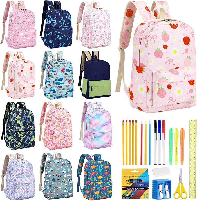 17'' Backpacks Bulk with Supplies Stationery Kits, Printed Bookbags and Writing Accessories Kit for Donation(Cute,12 Pack)