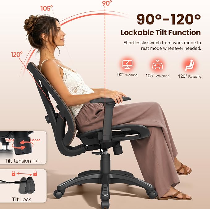 Ergonomic Office Chair, Mesh Computer Desk Chairs with Adjustable Lumbar Support, 3D Armrests, Tilt Function, Comfy Wide Seat, Swivel Executive Work Task Chair for Company and Home