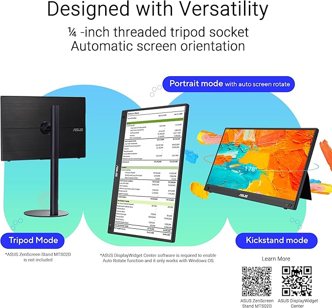 ASUS ZenScreen Touch 16” USB-C Portable Monitor (MB16AMTR) - Full HD, IPS, Built-in Battery, Kickstand, Tripod Socket, Eye Care, Compatible with Laptops, Smartphones and Game Consoles, 3 yr Warranty