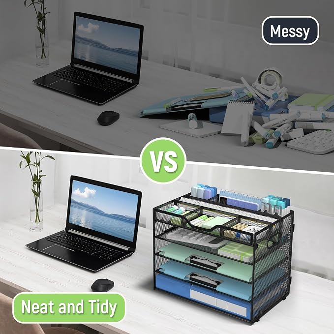 Docnest 5 Tier Mesh Desk Organizer with Adjustable Compartments - Stackable Letter Tray with Built-in Pen Holder & Handles - Desktop File Storage for Office, Home, School Supplies - Black