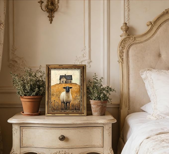 Vintage Gold Framed Wall Art Retro Country Sheep Oil Painting Canvas Prints Farmhouse Landscape Picture Wall Decor Rustic Farmhouse Animal Poster Artwork for Living Room Bedroom Bathroom, 16x24in