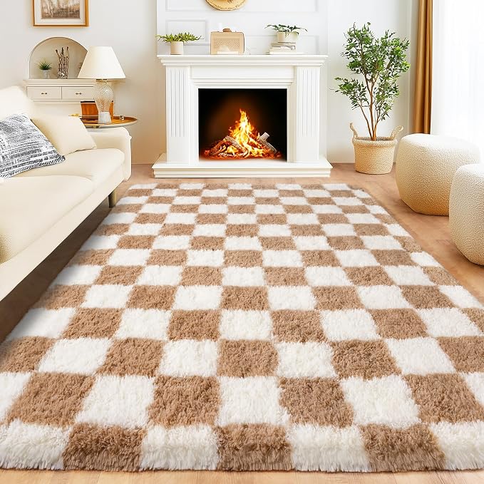 Area Rugs for Living Room 6x9, Ultra Fluffy Checkered Rug Fuzzy Shag Shaggy Carpets for Bedroom, Modern Non-Slip Indoor Soft Plush Furry Rug for Boy Girls Room Dorm Home Decor, Cream and Camel
