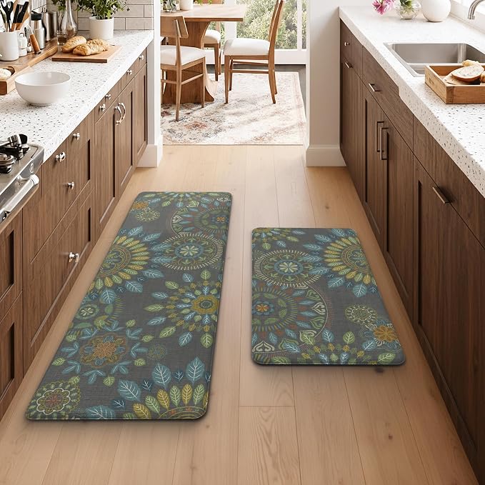 GENIMO Anti Fatigue Kitchen Mats for Floor 2PCS, Cushioned Standing Mats | 17.3"x47"&17.3"x30", Olive Green vintage floral rug set, waterproof, non slip, easy-clean for farmhouse