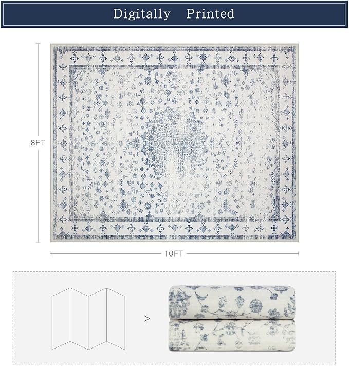 Srugn Washable Rugs 8x10 Area Rugs for Living Room,Rugs for Bedroom,Large Carpets,Ultra Soft Faux Wool Retro Dining Room Rug,Non Slip&Non-Shedding Low Pile Vintage Print Rug for Home Office-Blue