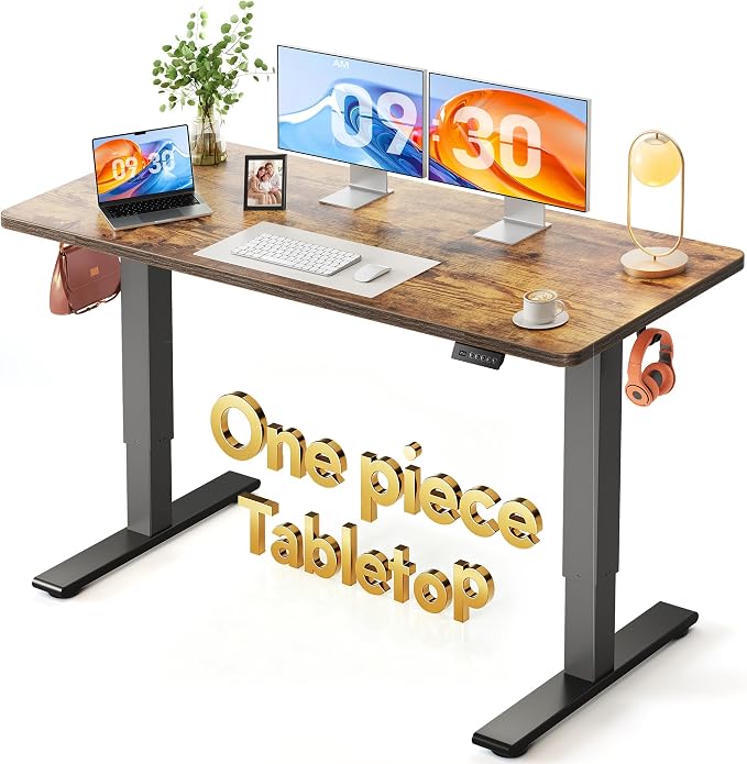FEZIBO One-Piece Standing Desk, 55"x24" Seamless Tabletop Electric Height Adjustable for Home Office, Study Rooms & Multi-Device Workstations, Rustic Brown