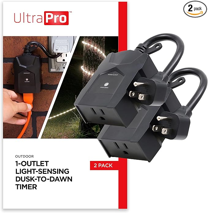 UltraPro Outdoor Dusk to Dawn Outlet Timer, Weather‑Resistant Light Sensor Plug, Single Outlet Automatic Lighting Control, Seasonal & Landscape Lights, 2 Pack, Black, 71069