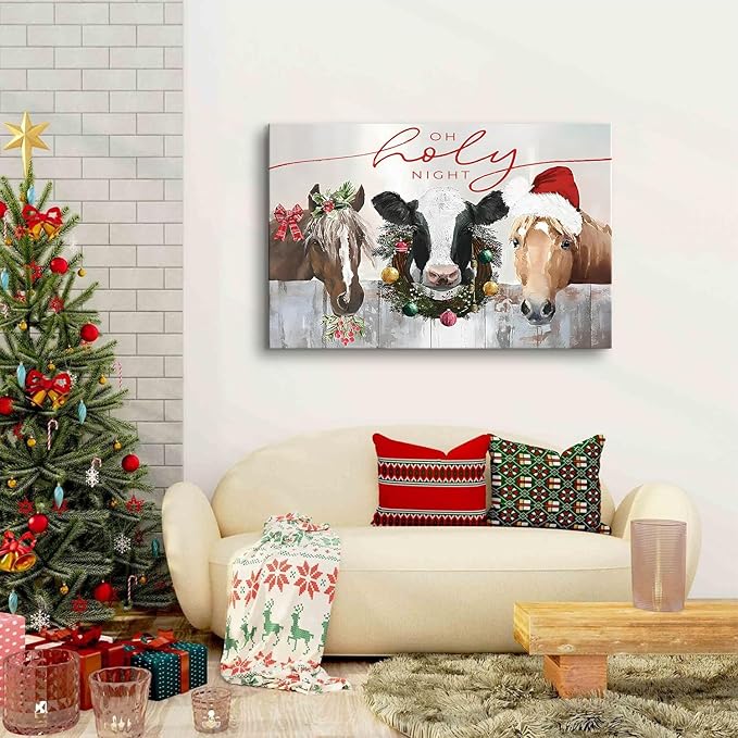 Farmhouse Animals Wall Art Cute Country Farm Horse Cow Canvas Prints Framed Artwork Christmas Accent Decoration for Bedroom Living Room Retro Abstract Barn Poster Xmas Holiday Party Home Decor 32x48
