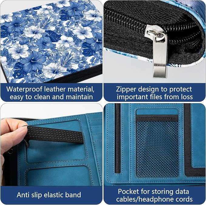 Leather Business Portfolio Organizer 13.4", Padfolio Binder for Women with Zipper, Fits 13" Laptop/Cellphone Charger Legal Pad Portfolio Document Folder ﻿ (Blue Flower)