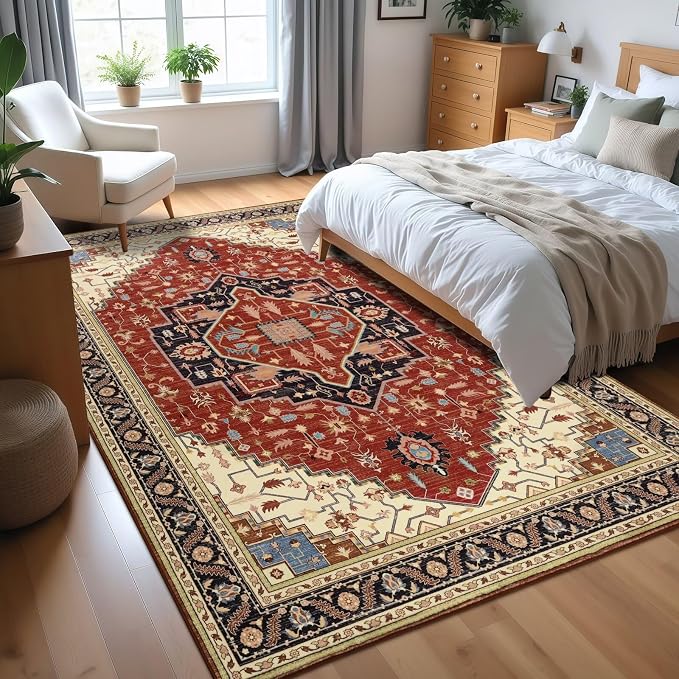 Macgace 4x6 Orange Red Area Rug for Living Room, Machine Washable Rugs with Non-Slip Backing for Bedroom, Vintage Medallion Carpet Kitchen Laundry Kids Room Decor