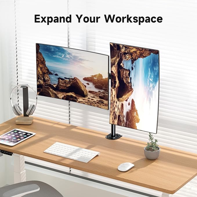 Pholiten Dual Monitor Stand, Heavy Duty Adjustable Monitor Arm Desk Mount for 2 Screens up to 32 Inches, Tilt, Swivel, Rotate, Supports 22 lbs Per Monitor Arm