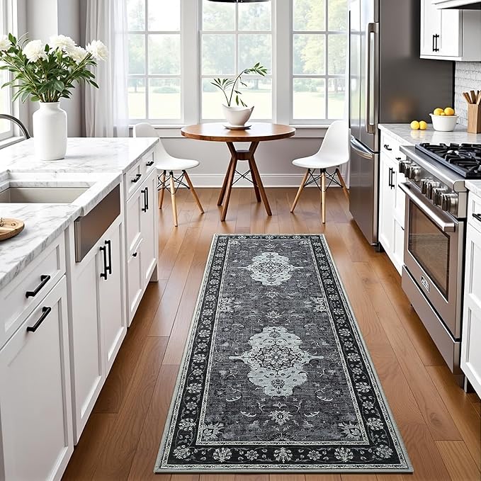 Runner Rug for Hallways Kitchen Rugs Non Slip 2x6 Washable Rugs with Rubber Backing Water Repellent Floor Carpet Low Pile Soft Floral Carpet for, Laundry, Bedroom, Bathroom Black/Grey