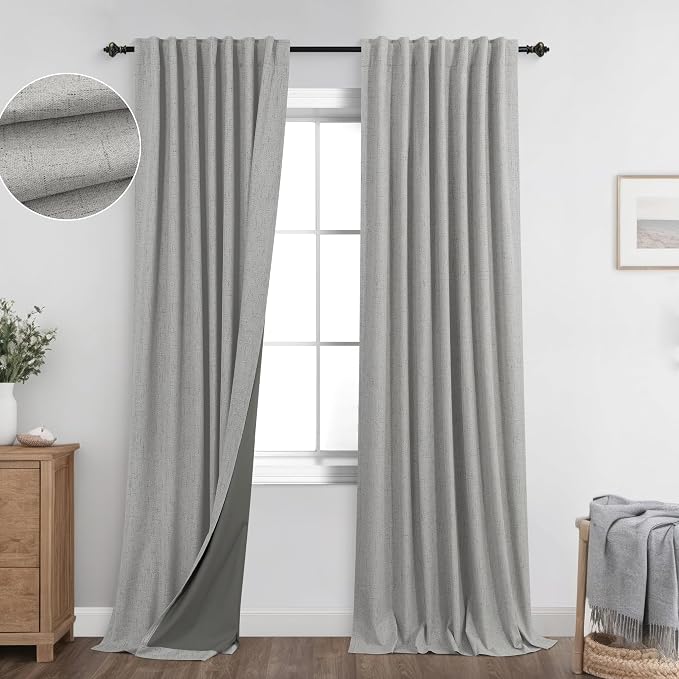 KOUFALL 92 Inch Linen Blackout Curtains, Thermal Insulated Room Darkening Drapes for Living Room Bedroom Large Window Floor Length 2 Panel Set, 52" W x 92" L, Light Grey