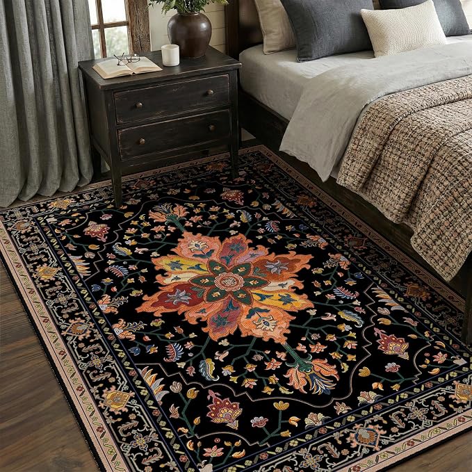 RELEANY Area Rugs 5'x7' Washable Non-Slip, Floral Vintage Distress Medallion Carpet for Living Room Bedroom Dining Room, Black Colorful Floral Dark Tan