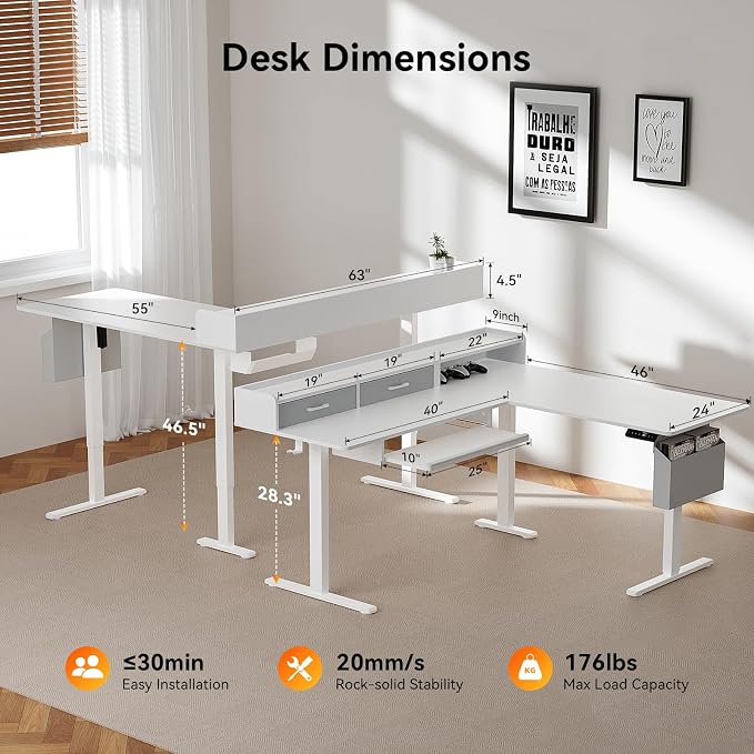 WALKINGDESK 63 Inches Height Adjustable L Shaped Standing Desk with 2 Drawers and Keyboard Tray, Electric Sit to Stand Home Office Comupter Table, Ergonomic Corner Gaming Desk, White