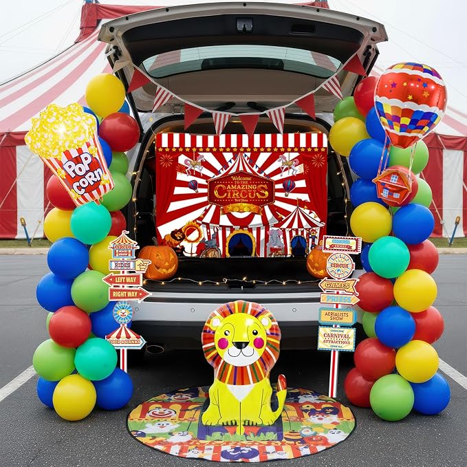 Circus decorations include Red Blue Yellow Balloon garland kit & foil hot air popcorn lion balloons & striped banner & Backdrop road sign paper for carnival circus theme party decorations
