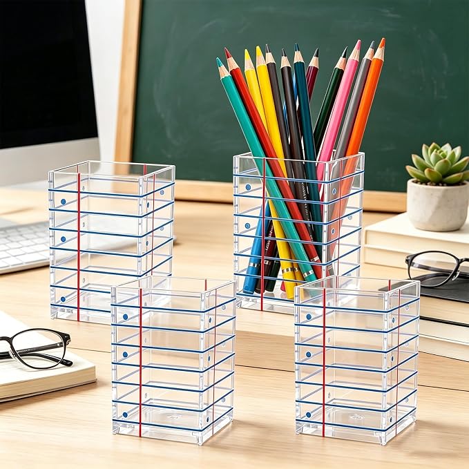 4Pcs Back to School Pencil Holder for Classroom, Acrylic Pen Holder for Desk Clear Pen Holder Organizer with Blue Line, Dispenser Pencil Storage for Office School Teachers Students