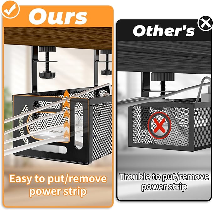 Under Desk Cable Management Tray, 15.7'' No Drill Steel Desk Cable Organizers, Wire Management Tray Cable Management Rack (2 Packs-Black)