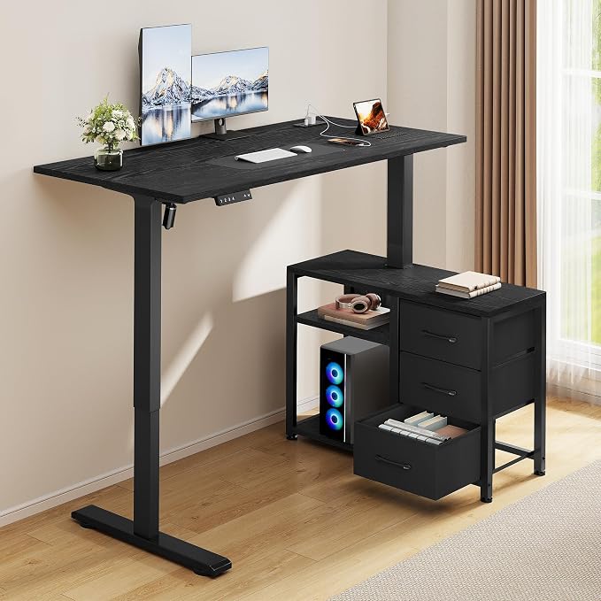 47 Inch L Shaped Desk with 3 Drawers Electric Standing Desks with Storage Computer Table Adjustable Height with Power Outlets 4 Memory Presets for Home Office, Black | with Storage Computer Table Adjustable Height with Power Outlets 4 Memory Presets fo...