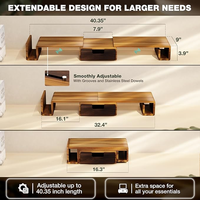 Wooden Dual Monitor Stand Riser with Drawer, 40.4'' Ergonomic Monitor Stand for Desk with Adjustable Length and Swivel Angle, Wooden Desktop Organizer for Laptop, PC, Computer,Printer (Acacia)