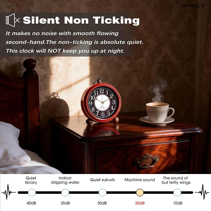 AYRELY® 5.3" Vintage Metal Analog Alarm Clock, Retro Desk and Table Clock | Antique Battery Operated Clock with Light, Elegant Bedside Gift for Bedrooms, Living Rooms, Shellf and Home Decor (Red-Black)