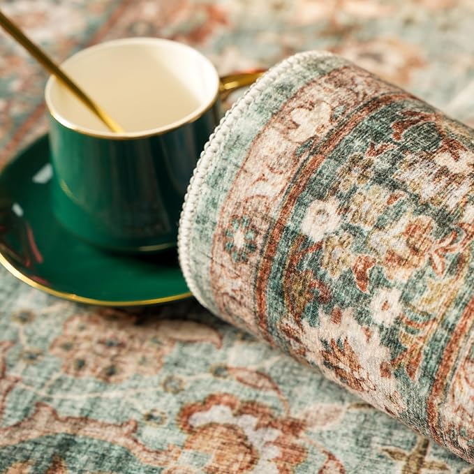 TOPRUUG Washable Oriental Area Rug - 6ft Round Rugs for Living Room Soft Carpet for Bedroom Waterproof Floral Distressed Indoor Stain Resistant Non-Shedding Floor Carpets (Green, 6ft-Round)