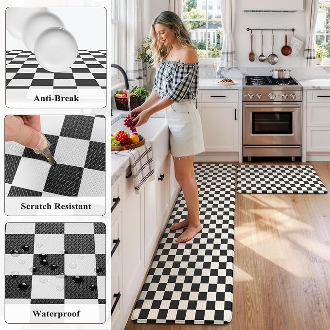 KIMODE Kitchen Mats Cushioned Anti Fatigue,Black and White Rugs for Kitchen | Padded Kitchen Floor Mats Non Slip, Farmhouse Plaid Home Decor, Laundry Room Rugs for Bath Sink Apartment RV 20"x71"+20"x32"