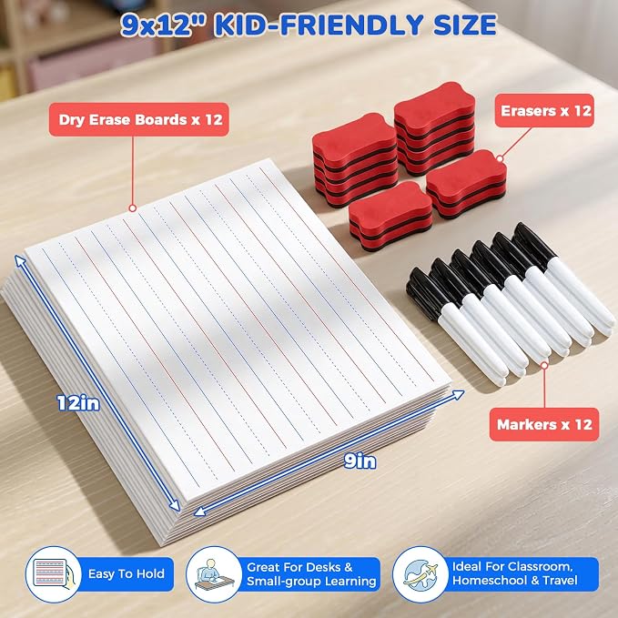 GAMENOTE White Board Dry Erase, Small Magnetic Lined White Board Set, Double Sided Magnet Ruled Lap Boards Whiteboard for Kids and Student Learning, 9x12 Inches (Pack of 12)