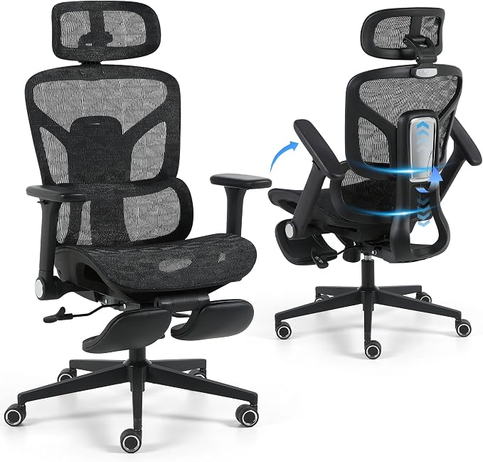 Korser Ergonomic Mesh Office Chair with Footrest, Big and Tall Desk Chair with 4D Flip-Up Arms, Auto-Tracking Lumbar Support, 3D Headrest, High Back Computer Gaming Chair for Home Office, Black
