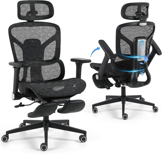Korser Ergonomic Mesh Office Chair with Footrest, Big and Tall Desk Chair with 4D Flip-Up Arms, Auto-Tracking Lumbar Support, 3D Headrest, High Back Computer Gaming Chair for Home Office, Black