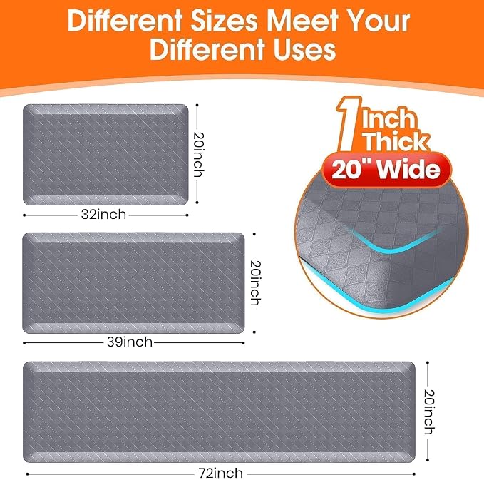 StepRite 1” Thick Kitchen Mats for Floor, Anti Fatigue Kitchen Rugs, Non-Slip,Heavy Duty Water Resistant Kitchen Rug, Standing Desk Mat for Friends, Family, Home, Kitchen, Office (39" x 20", Grey)