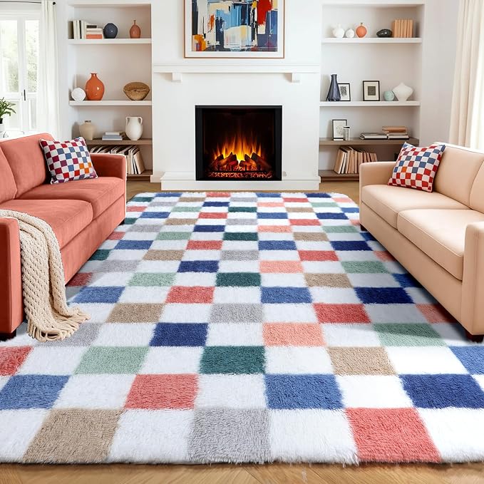 KICMOR 8x10 Area Rugs for Living Room, Large Fluffy Soft Colorful Checkered Shag Shaggy Fuzzy Carpet for Bedroom, Indoor Big Plush Rainbow Rug for Kids Boys Girls Dorm Nursery Home Decor Aesthetic