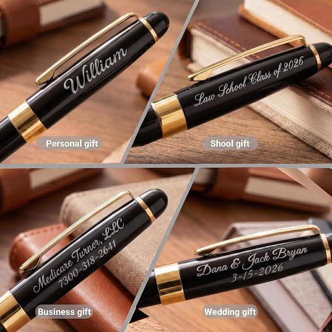 Ancolo Custom Ink Pens with Name on the Pens - Souvenir Gift Set with 5 Pen Box 10 extra Black Refills Engraved pens Gift for Christmas Father's day Graduation Wedding Gifts