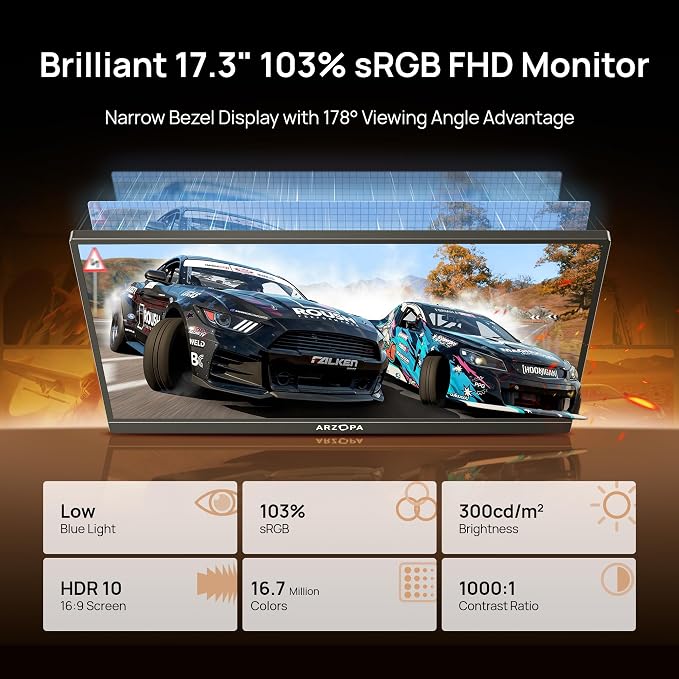 ARZOPA 17.3" Portable Monitor, 1080P FHD 103% sRGB IPS Gaming Monitor Laptop Monitor with Built-in Kickstand HDMI USB C External Screen for PC Mac Phone Xbox PS5 - A1M