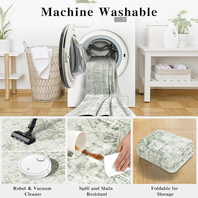 9x12 Vintage Washable Area Rugs Boho Medallion Large Distressed Retro Accent Carpet Floral Non-Slip Soft Low Pile Indoor Throw Rug for Living Room Bedroom Dining Room Office Kitchen, Green