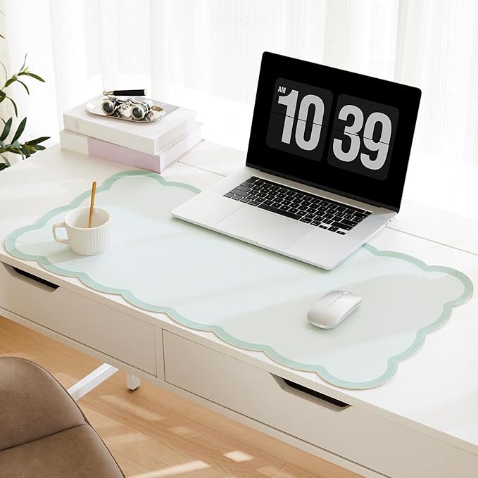 Scalloped Desk Mat, 31.5" x 15.7" Large Cute Aesthetic Desk Accessories, PU Leather Computer Laptop Desk Mouse Keyboard Pad, Desk Writing Mat for Vanity/Work/Home Decor (Sage, 31.5" x 15.7")