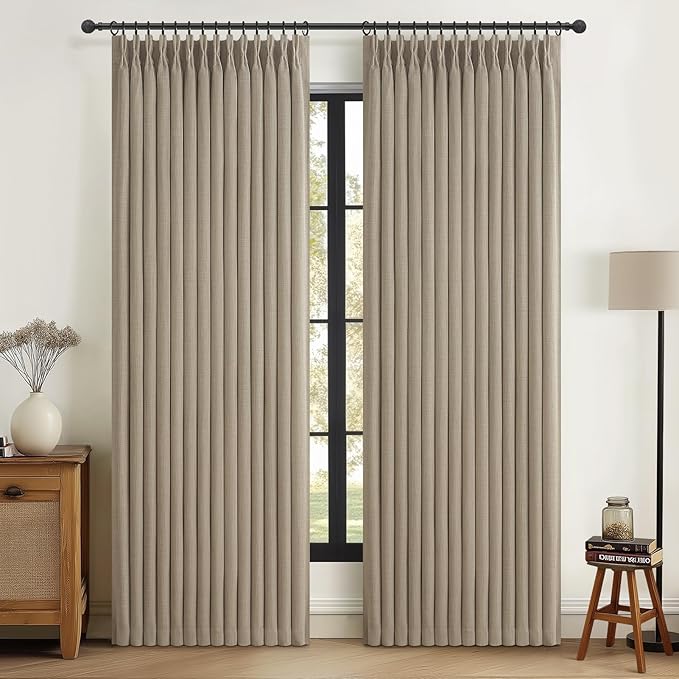 PleatedDrapes Burlywood Birch Black Out Curtains 86 Inches Long for Kids Bedroom, Unique Pleat Two Layer Heavy Linen Noise Cancelling Viral Drape for 84-86 Inch Length Large Window 2 Panels Grey Beige
