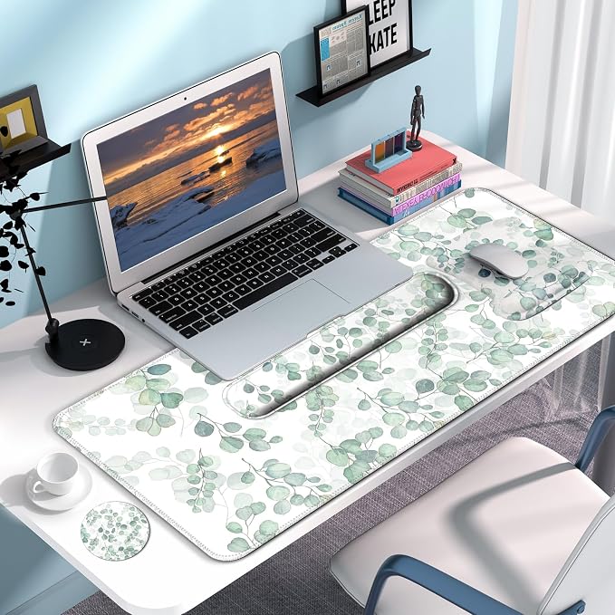 Desk Mat Set + Keyboard and Mouse Pad with Wrist Rest Support,4-in-1 Large Mousepad Computer Mats for Desktop Home & Office -Eucalyptus