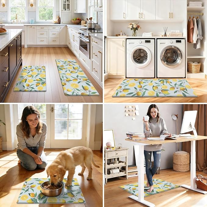 SHACOS Anti Fatigue Lemon Kitchen Rugs Mats Set of 2 Pieces Non Slip Soft Cushioned Standing Mat and Runner Wipeable Waterproof Floor Mat, 17"x27.5"+17"x47", Light Blue