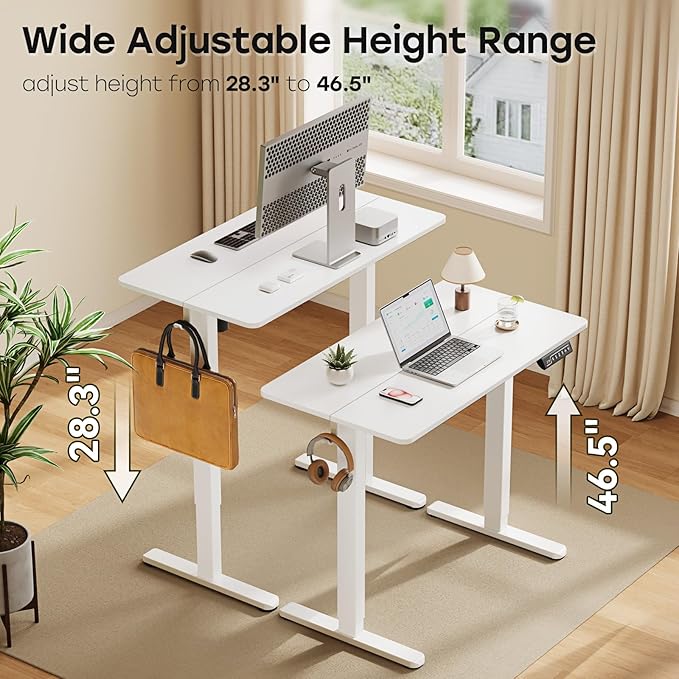 Small Electric Standing Desk, 40" ×20" White Standing Table, Height Adjustable Compact Sit Stand Desk with Splice Board, Home Office Table with 2 Hooks