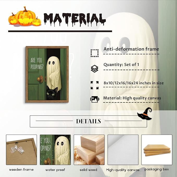 Funny Halloween Bathroom Wall Art, Vintage Cute Ghost Cat Canvas Wall Decor Paintings, Funny Are You Pooping Artwork Poster Print Picture for Bathroom Restroom 12x16 Inch Framed
