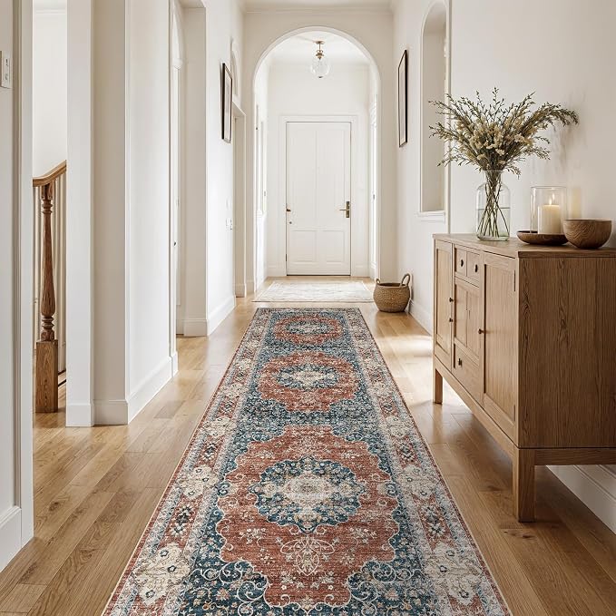 3x10 Washable Hallway Runner Rug:Oriental Indoor Kitchen Rugs Vintage Door Mat Non Slip with Rubber Backing Low Pile Thin Carpet for Bedroom Bathroom Living Room Bedside (3x10 Brick/Blue)